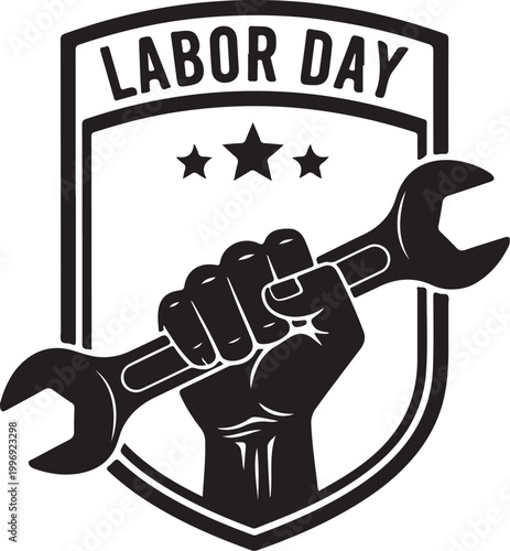 Labor Day, Fist Holding Wrench, Shield Emblem, Black and White Vector Icon isolated on Transparent Background