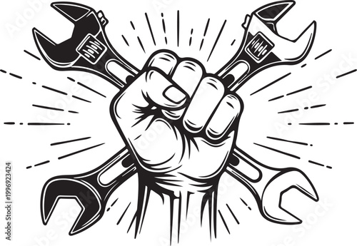 Industrial hand tools, wrench icons, fist power symbol, mechanical vector graphics isolated on Transparent Background