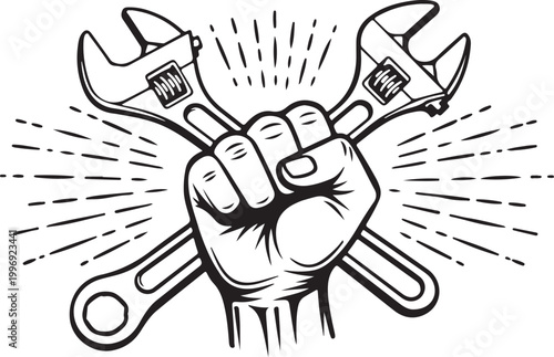 Industrial hand tools, wrench icons, fist grip, mechanical symbols, black and white vector isolated on Transparent Background