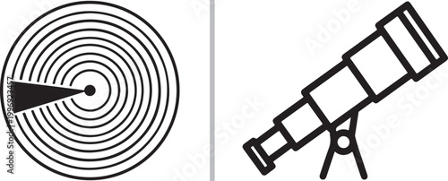 Minimalist radar screen and telescope line icons isolated on white background vector illustration