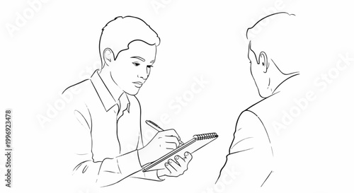 A man taking notes in a notebook while interviewing another man