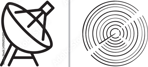 Satellite dish and radar signal icons set in black line art style isolated on white background vector illustration