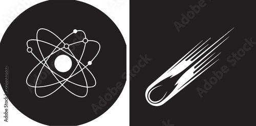 Minimalist science icons of an atom model and a falling comet vector illustration on black background