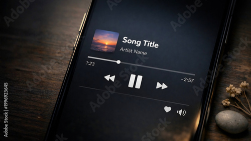 Close-up of music player app on smartphone screen, serene sunset album art
