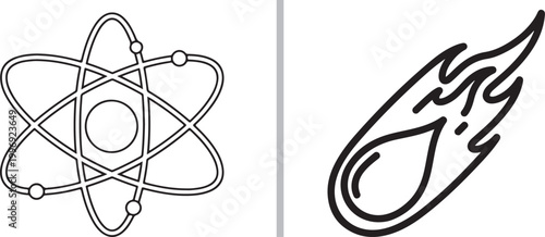 Minimalist atom and falling meteor line art icons isolated on white background for science and astronomy vector design