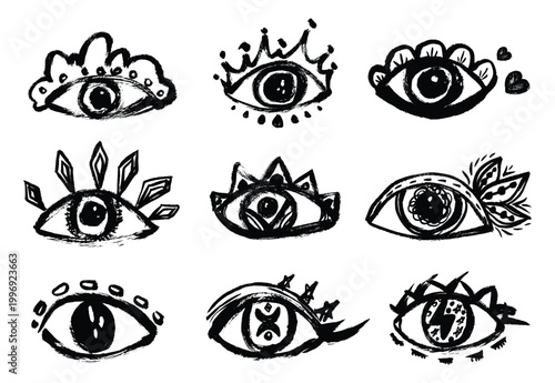 Grunge eyes collection. Brush stroke bold eye icon set. Vector doodle bizzare funky eyes set. Chalk and markers hand drawn on paper. Third eye boho mystical concept