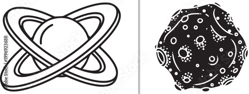 Planet with rings and cratered asteroid vector icons isolated on white background