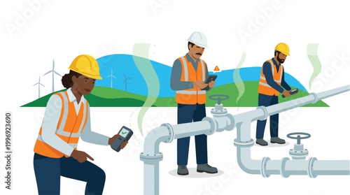 Diverse Industrial Workers Inspecting Pipeline Infrastructure with Digital Tablets near Wind Turbines