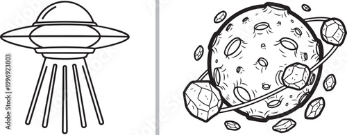 UFO flying saucer and cratered planet with asteroids line art vector isolated on white background