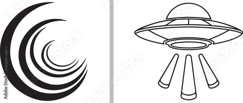 Abstract wave logo element and UFO flying saucer line art illustration isolated on white background