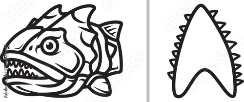 Dunkleosteus prehistoric armored fish head and tooth vector illustration isolated on white background