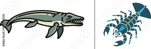 Prehistoric marine reptile mosasaur and sea scorpion eurypterid vector illustration isolated on white background