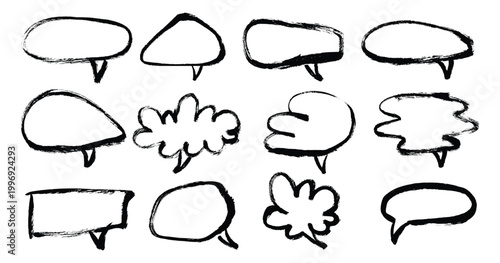 Outline grunge brush speech bubbles set. Hand drawn brush stroke text frames and communication boxes. Doodle bold paintbrush vector dialog bubbles