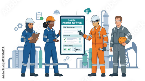 Diverse Industrial Workers with Digital Permit to Work Tablet in Oil and Gas Industry Safety Inspection