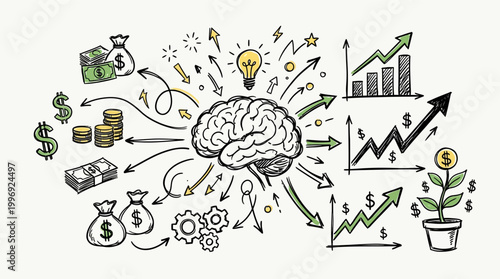 Conceptual hand drawn illustration of human brain generating financial growth and business ideas.