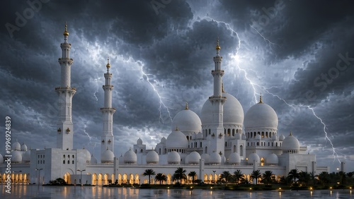 Sheikh Zayed Grand Mosque in Abu Dhabi under Dramatic Stormy Sky with Lightning Bolts, Majestic White Marble Islamic Architecture During Thunderstorm, Powerful Nature and Landmark of UAE