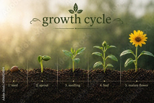 A visual representation of a plant's growth cycle from seed to mature flower.