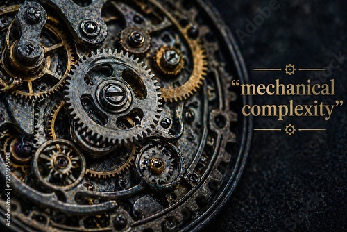 Close-up of intricate, antique brass and iron clockwork gears on a dark surface.