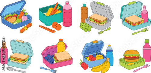 Lunchbox meals set, healthy school food containers with sandwiches fruits drinks, vector illustration collection