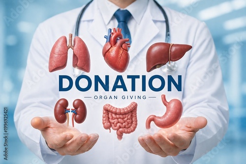 A doctor displays organs like lungs, heart, liver, intestines, and stomach to promote organ donation.