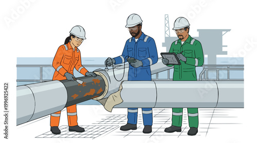 Diverse Industrial Workers Inspecting Pipeline Corrosion Damage for Oil and Gas Industry Maintenance and Safety