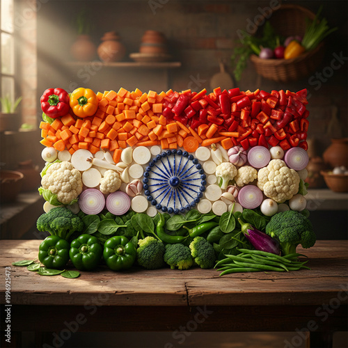 A vegetable mosaic of the Indian National Flag featuring vibrant orange, white and green cut vegetable. Centered is a navy blue Ashoka Chakra. 18x18  inch 200 resolution.