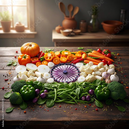 A vegetable mosaic of the Indian National Flag featuring vibrant orange, white and green cut vegetable. Centered is a navy blue Ashoka Chakra. 18x18  inch