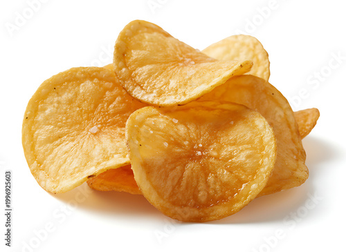 A small pile of kettle-cooked potato chips, isolated on a white background