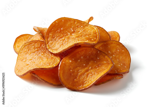A small pile of sweet potato chips, isolated on a white background