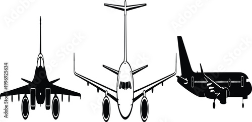 Aircraft Silhouette Set – Fighter Jet, Commercial Airliner Front and Side View Black Vector Collection