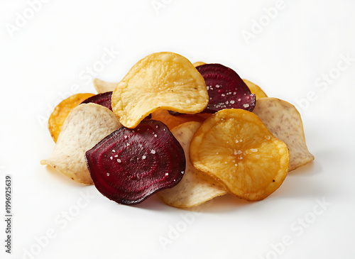 A small pile of mixed vegetable chips (potato, beetroot, taro), isolated on a white background
