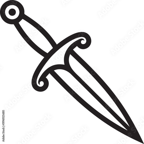 Elegant medieval dagger icon with curved crossguard black line design.