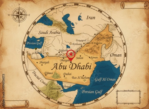 Vintage style map of the united arab emirates with abu dhabi location marker