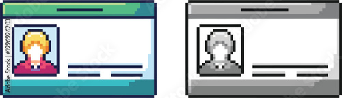 Two pixel art icons representing identification cards, one in color and one in grayscale.