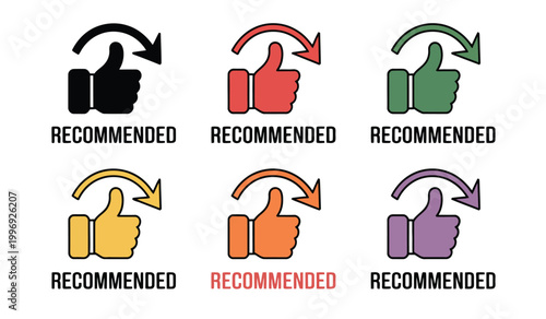 Thumbs up icon set with recommended text in various colors