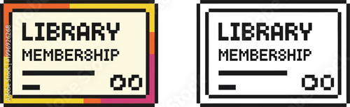 Pixel art illustration of a library membership card with the words 'LIBRARY MEMBERSHIP' and blank lines for personalization, presented in both color and monochrome versions.