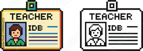 Pixel art illustration of a teacher's ID badge, shown in both color and outline versions, featuring a portrait and identification details.