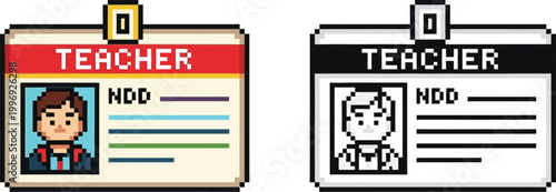 Pixel art illustration of two teacher identification badges, one in color and one in black and white, featuring a portrait and the word TEACHER.
