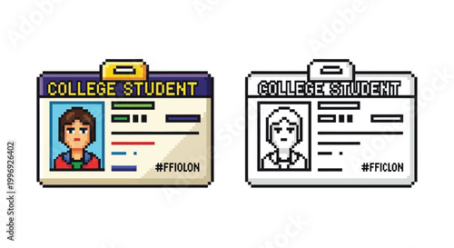 Two pixel art illustrations of a college student ID card, one in color and one in black and white, showing a portrait and identification details.