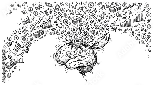 Sketch of human brain exploding with business and financial ideas.