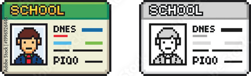 Pixel art illustration of two school ID cards, one in color and one in grayscale, featuring a student's portrait and identification details.