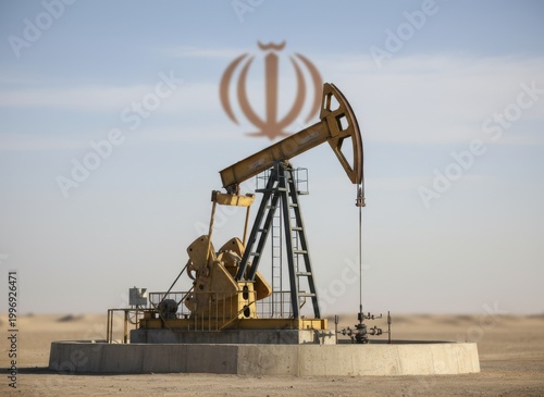 Yellow oil pump jack in a desert landscape with a faint iranian emblem overlay