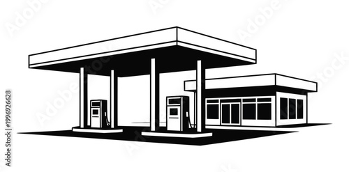 Gas station illustration with pumps and building in black and white
