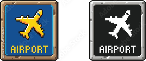 Two pixel art icons representing an airport, one with a yellow airplane on a blue background and the other with a white airplane on a black background, both with the word "AIRPORT" below.