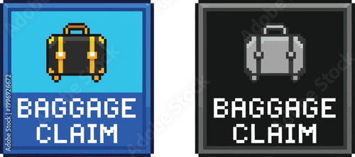 Two pixel art icons representing baggage claim areas, one with a blue background and a black suitcase, and another with a dark gray background and a silver suitcase.