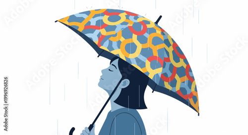 Side-view illustration of a woman holding a colorful umbrella on a rainy day against a clean white background.