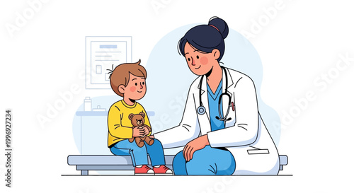 Smiling doctor woman in white coat examining a happy little boy on a medical bed in a clinic