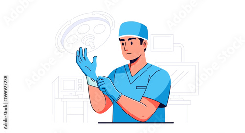 Medical professional wearing blue scrubs and gloves putting on a face mask in a hospital