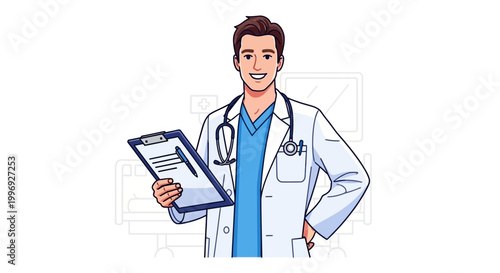 Smiling male doctor holding a clipboard in a white lab coat with a stethoscope