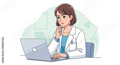 Female doctor or scientist working on laptop computer with thoughtful expression